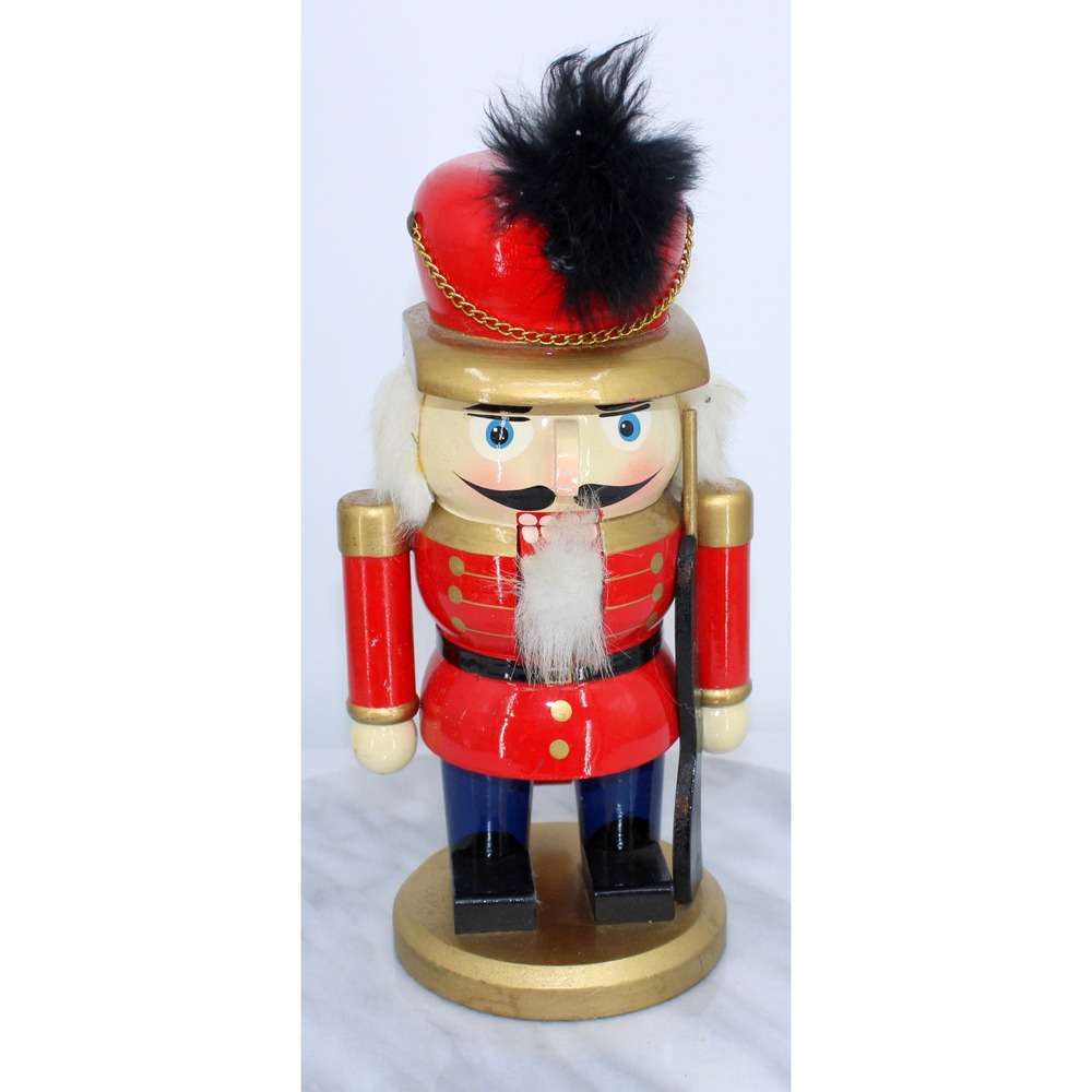 Wooden Nutcracker Soldier Red Jacket Gold Trim Black Rifle Christmas Decor